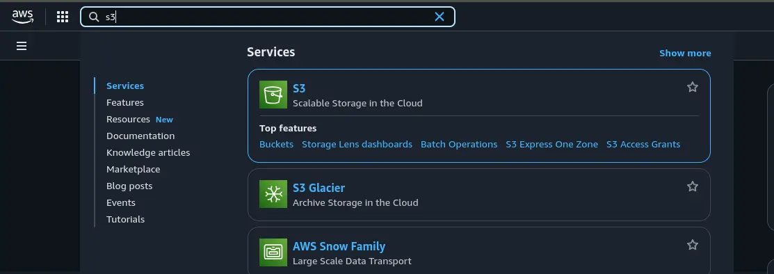 search s3 console