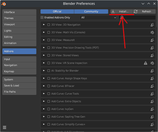 blender preferences add-ons window