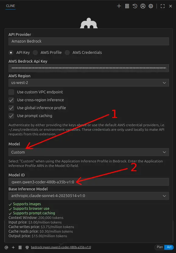 Cline custom model selection